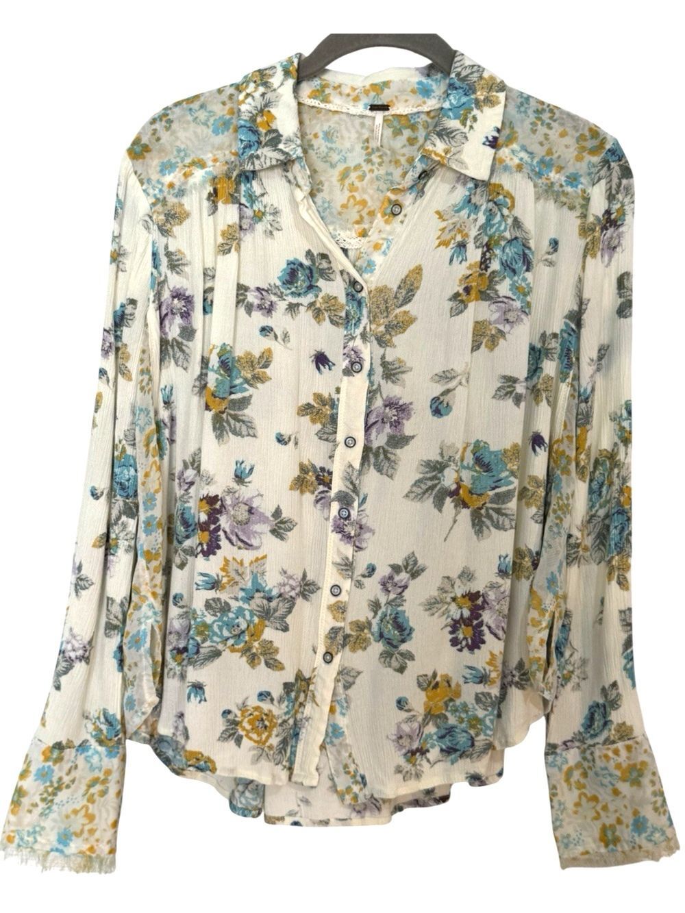 FREE PEOPLE Hold On to Me Contrast Floral Print Button Ivory Multi Blouse Sz S